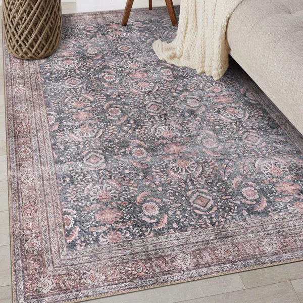 Labarbera Machine Washable Charcoal/Red Non-Slip Backing Area Rug | Wayfair North America