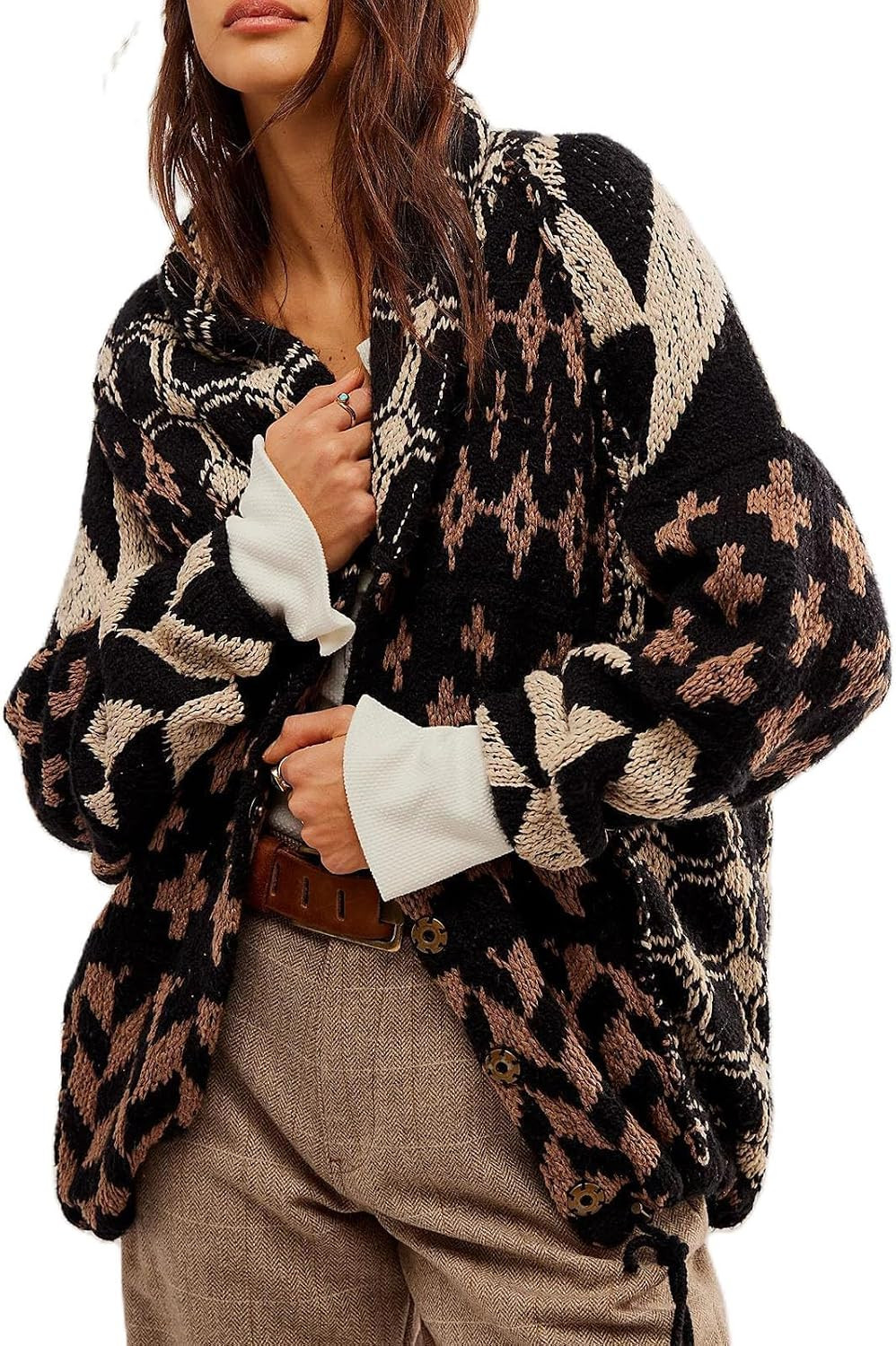 ABYOVRT Women Cardigan Sweater Shawl Collar Button Down Oversized Sweaters Boho Fall Coat | Amazon (US)