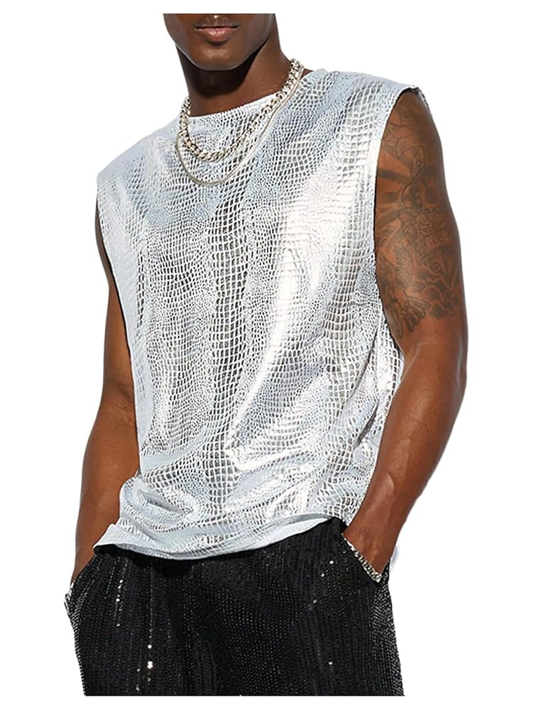 Men's Metallic Tank Top Crew Neck Sleeveless Club Party Going Out T Shirt Tops Crocodile-Pattern ... | Amazon (US)
