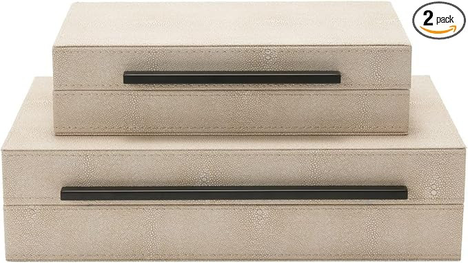 Sagala Set of 2 Ivory Shagreen Decorative Boxes With Black Metal Handles, Faux Leather Jewelry Bo... | Amazon (US)