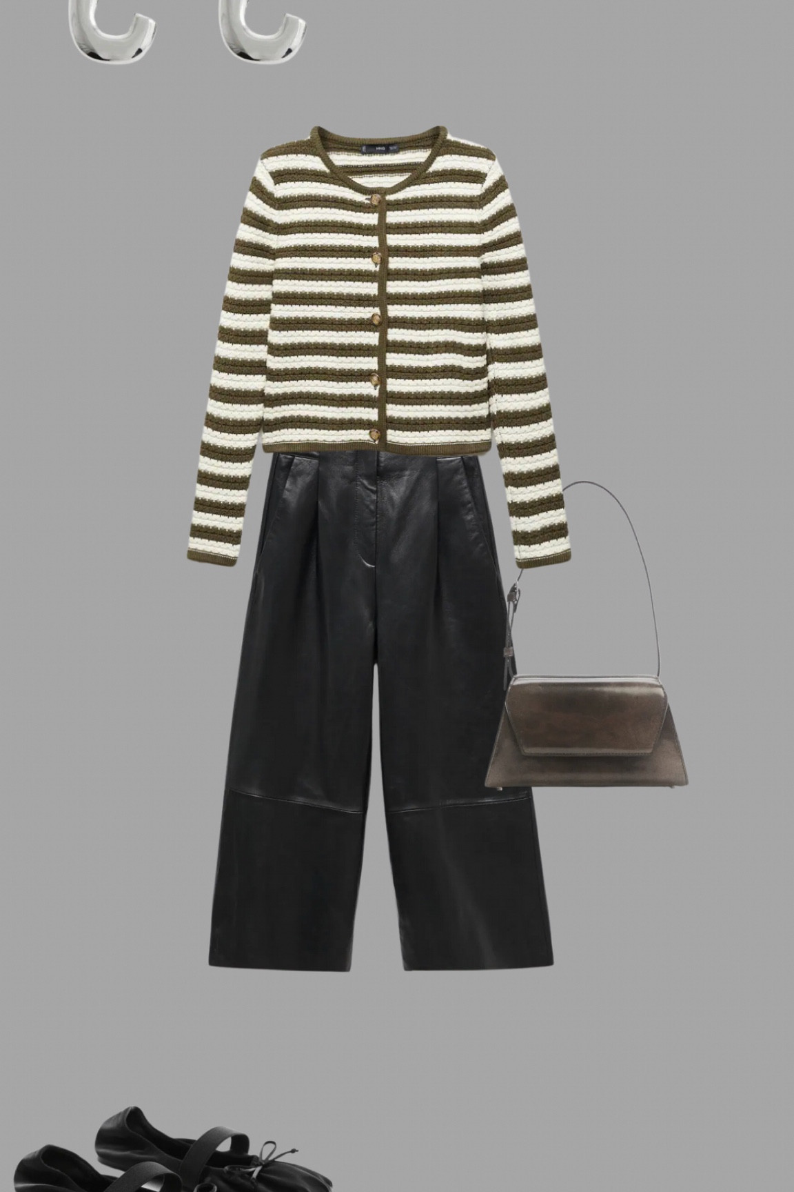 Autumn at Mango. Wide leather trousers with a striped knitted cardigan. A structured bag, leather ballerinas and silver hoops 