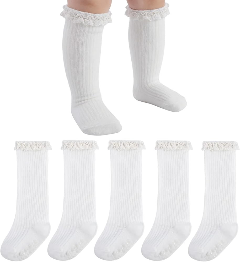 Baby Girl Knee High Socks Newborn Infant Toddler Cotton Ruffle Long Socks Non Slip Stockings Dres... | Amazon (US)