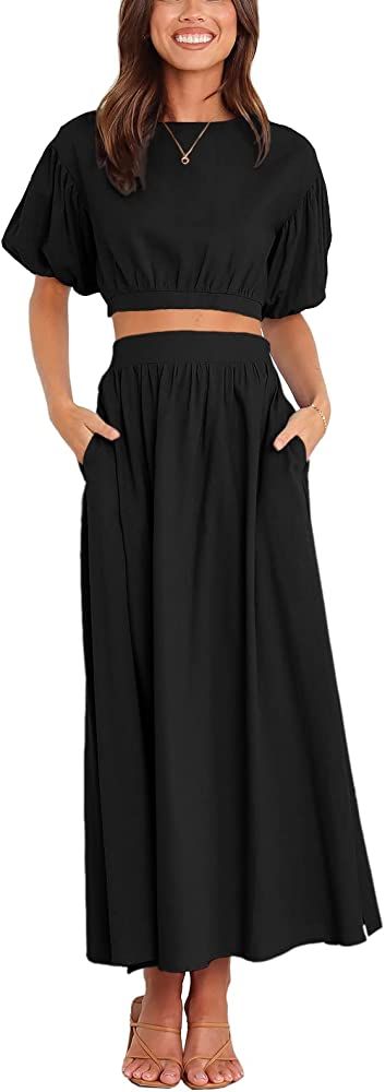 Teurkia Women’s Puff Short Sleeves Tops and Long Pleated Skirts Set 2 Pieces Flowy Outfit Suits | Amazon (US)