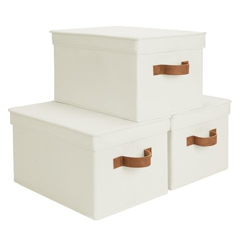 StorageWorks Storage Basket with Lid, Decorative Storage Boxes with PU Handles, Stackable Fabric Storage Bins for Closet, Shelves, Ivory, Large, 3-Pack | Amazon (US)