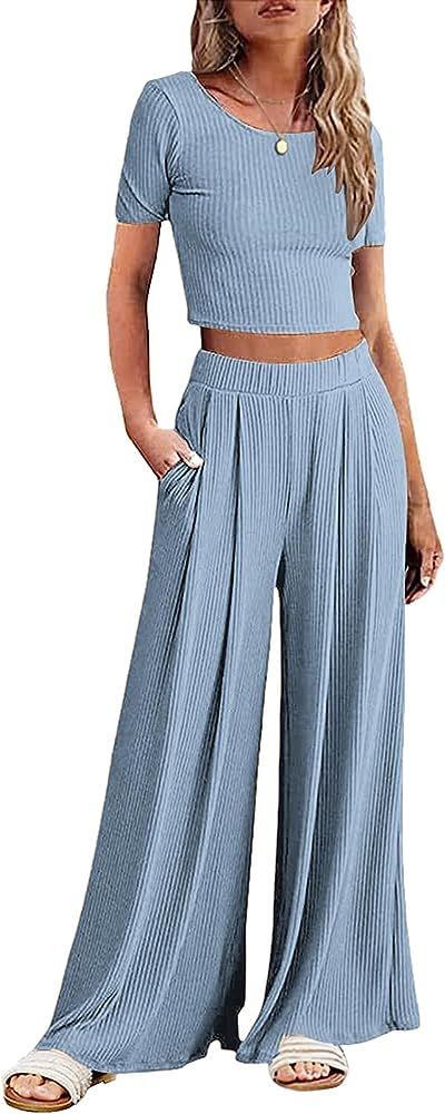 Ekouaer Women's 2 Piece Lounge Sets Ribbed Knit Crop Top Wide Leg Pants with Pockets S-XXL | Amazon (CA)