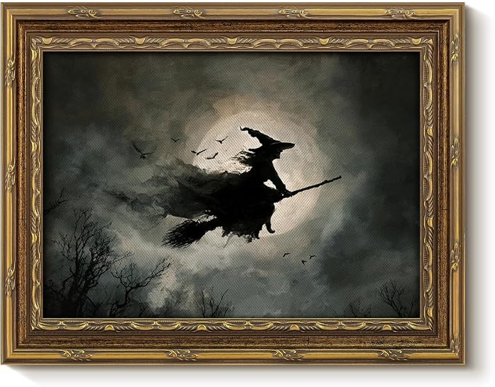 VIYYIEA Vintage Gold Framed Halloween Wall Art, Spooky Gothic Canvas Oil Painting, Flying Witch A... | Amazon (US)