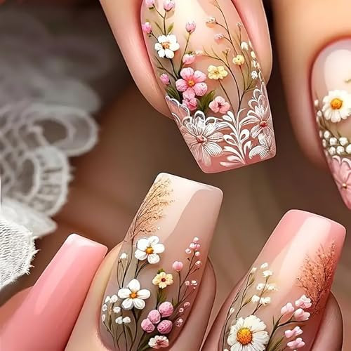 MMNHJHUT 24Pcs Spring Press on Nails Pink Floral Design Medium Square False Nails Reusable Acrylic Nails Flower Stick on Nails for Women Girls Spring Summer Nail Art Decor | Amazon (US)
