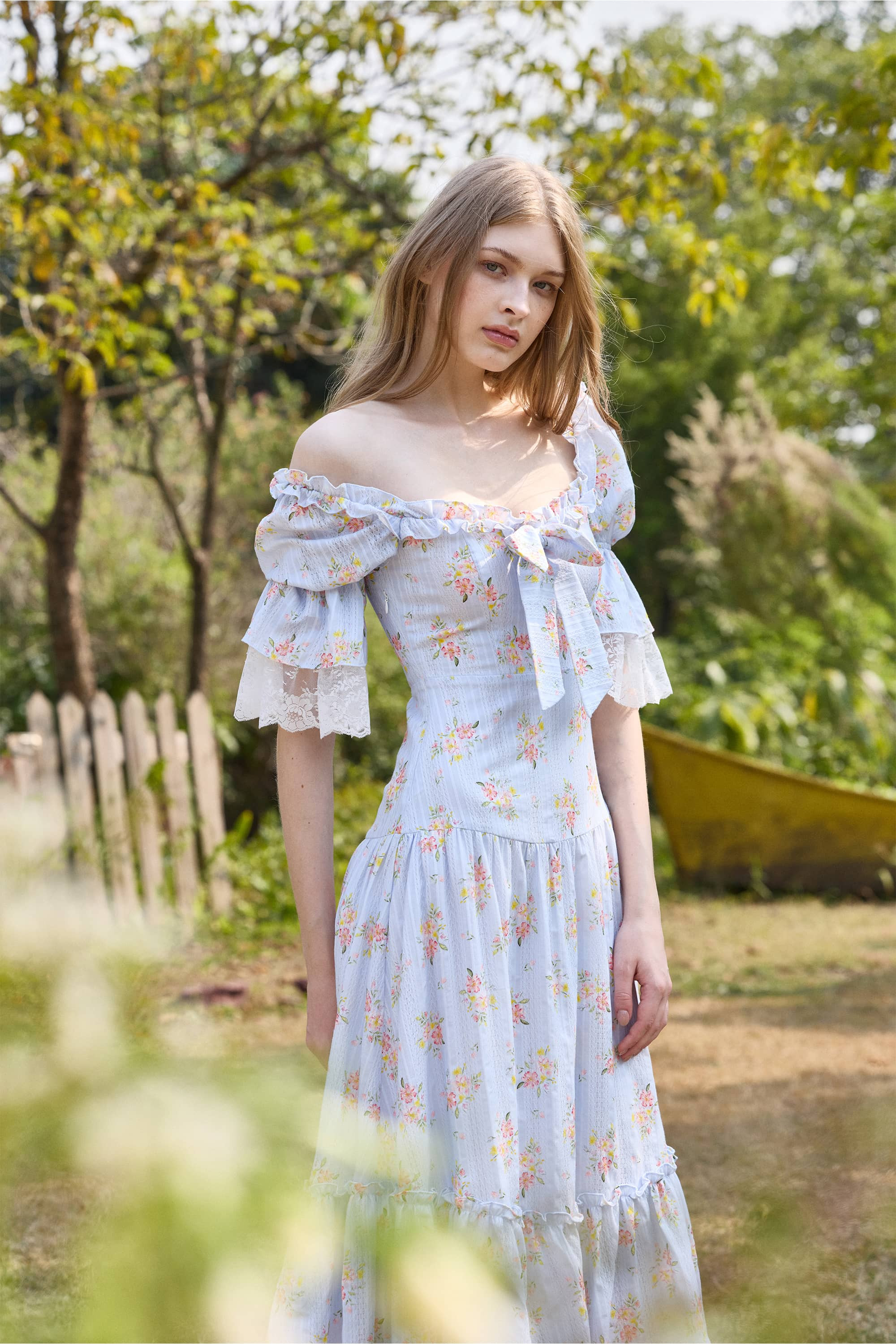 Tatiana Floral Cotton Midi Dress in Soft Horizon Blue | American Heiress