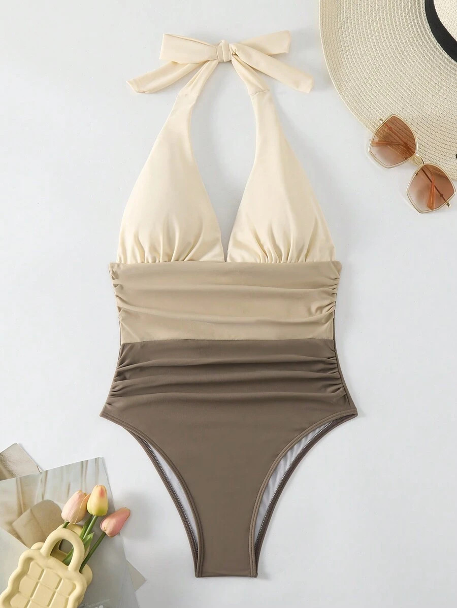 SHEIN Swim Summer Beach Women's Color Block Halter One-Piece Swimsuit Bathing Suit Wedding | SHEIN