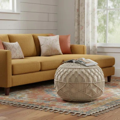 20" Cream Cotton Tufted Round Geometric Pouf Ottoman | Wayfair North America