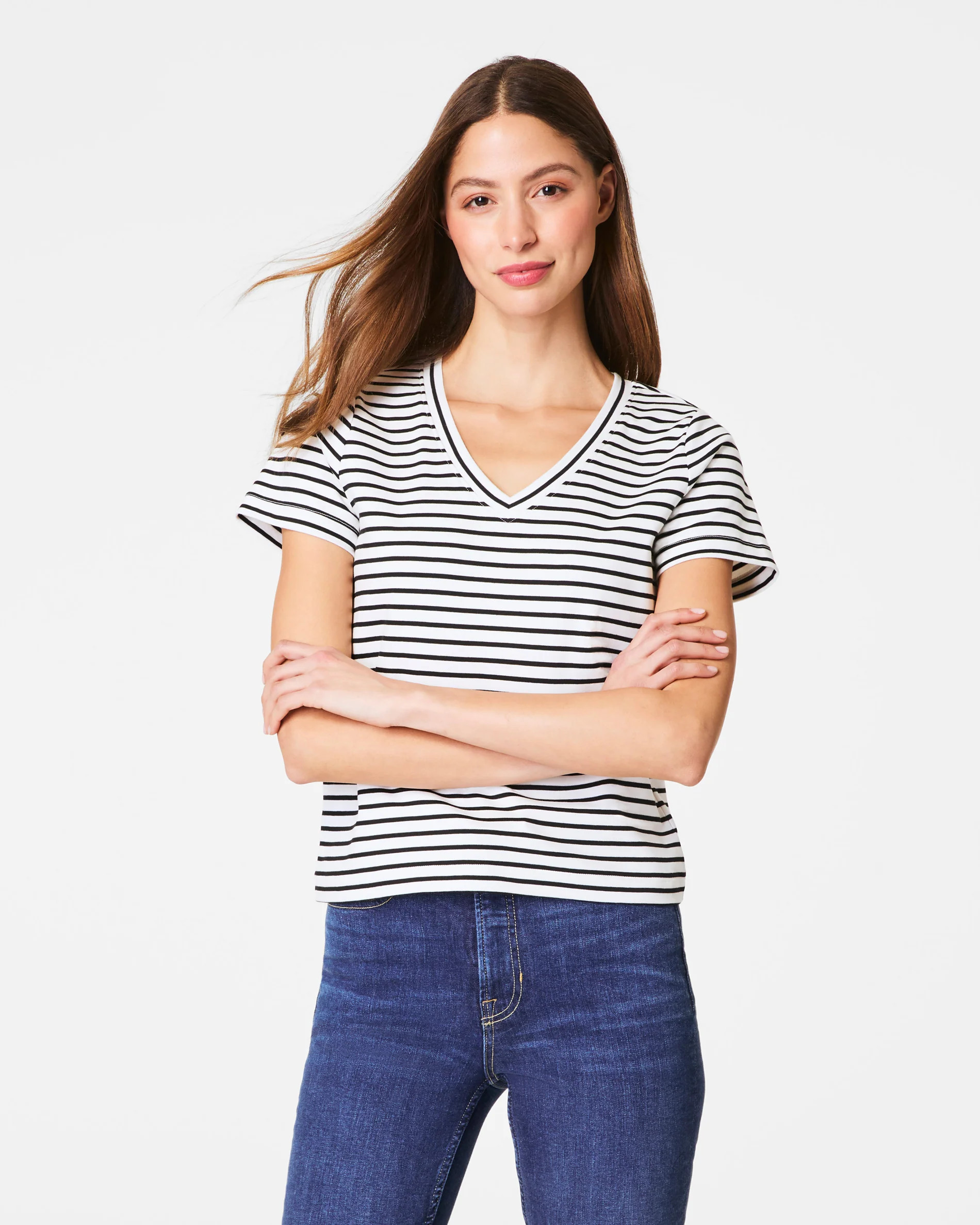 SPANX® Cotton V-Neck Tee, Stripe | Spanx
