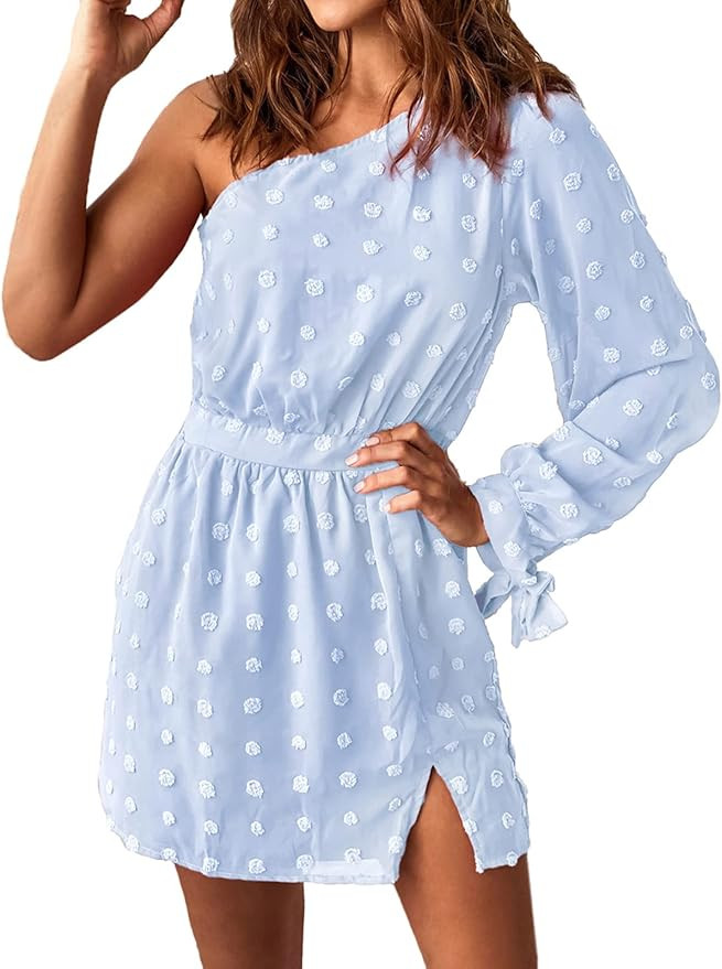 BTFBM Women One Shoulder Long Sleeve Casual Dresses Cute Swiss Dot Soft High Waist Side Split Flo... | Amazon (US)