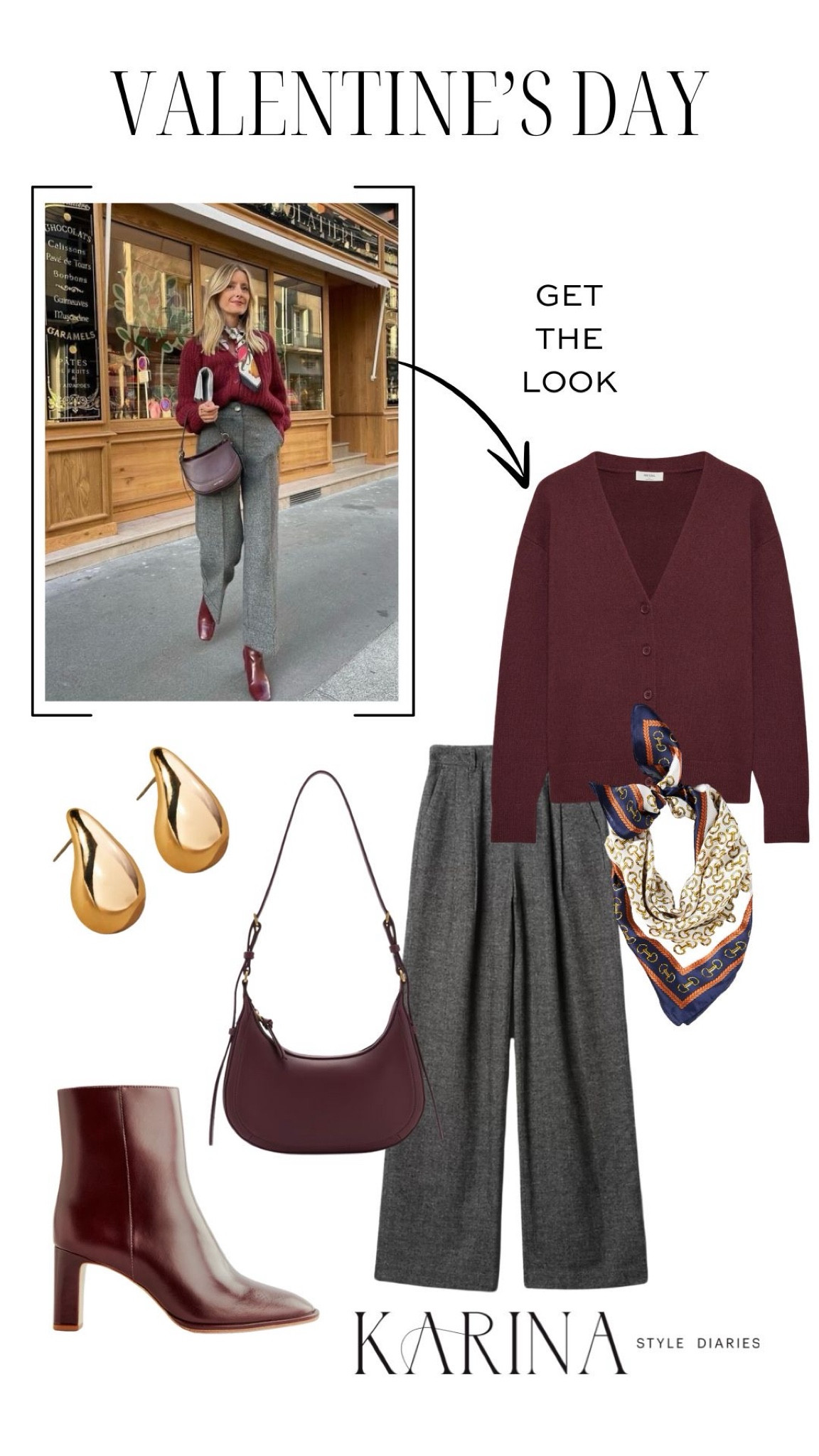 An elevated take on a Valentine’s Day outfit! I love that this look is subtle when it comes to the festive vibes. It would be a solid choice for a work outfit or a timeless pick for a winter date night. The trousers and cardigan provide a polished base while the silk scarf and handbag add some personality. Also, how cute are these ankle boots? I love the rich burgundy color and think they’re so unique! 

#LTKStyleTip #LTKShoeCrush #LTKWorkwear