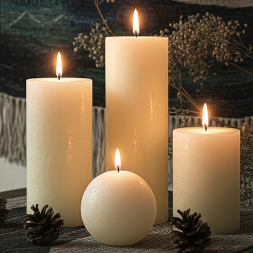 Ivory Rustic Textured Pillar Candles Set - 4 Pcs Assorted Sizes Unscented Pillar Candle, Decorati... | Amazon (US)