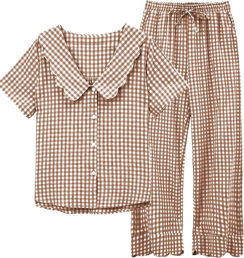 Tanming Womens Gingham 2 Piece Pajamas Sets Puff Sleeve Babydoll Shirt Ruffle Pants Pj Lounge Set... | Amazon (US)