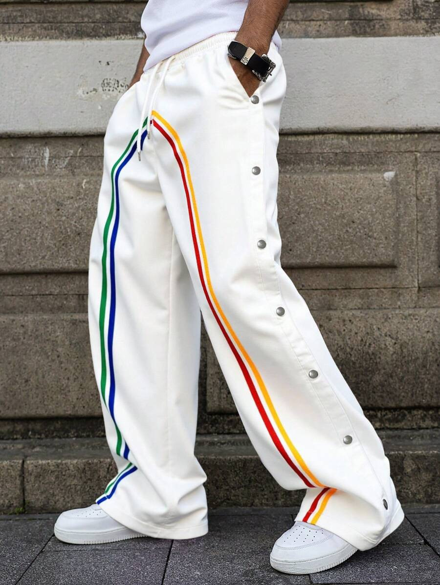 PAVTROS Manfinity Streetrush Men's Casual Loose Elastic Waist Straight Leg Pants, Summer White Pa... | SHEIN