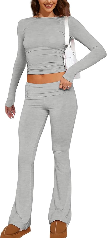 Amazon.com: MISSACTIVER Women's Two Piece Outfit Basic Long Sleeve Crop Top and Low Rise Flare Pa... | Amazon (US)