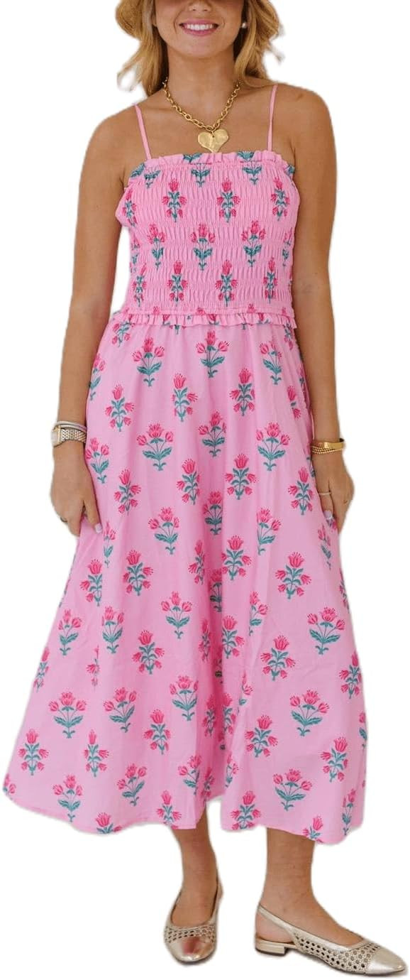 Women Boho Floral Maxi Dress Y2k Sleeveless Tie Shoulder Tiered Ruffle Long Dresses Summer Beach ... | Amazon (US)