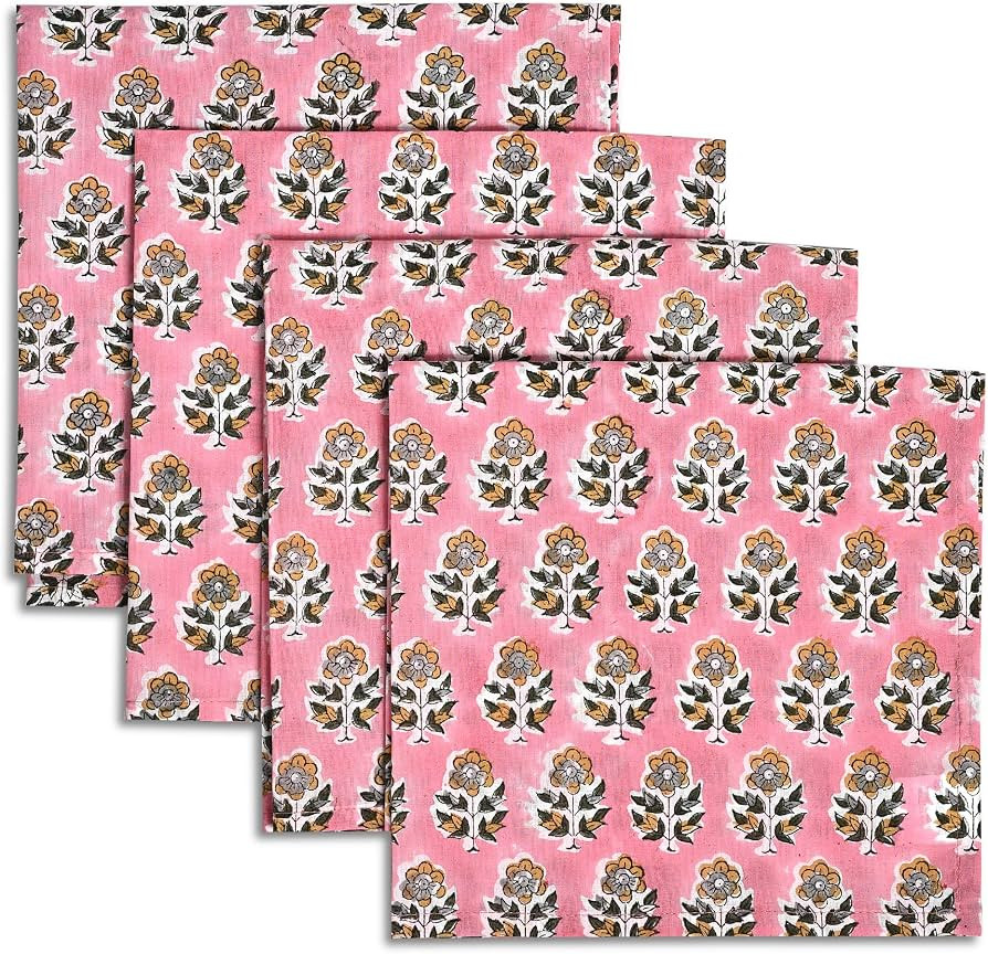 CPC Poppy Pink Indian Block Print Cotton Cloth Napkins Set of 4, 18x18 Reusable Everyday Napkins,... | Amazon (US)