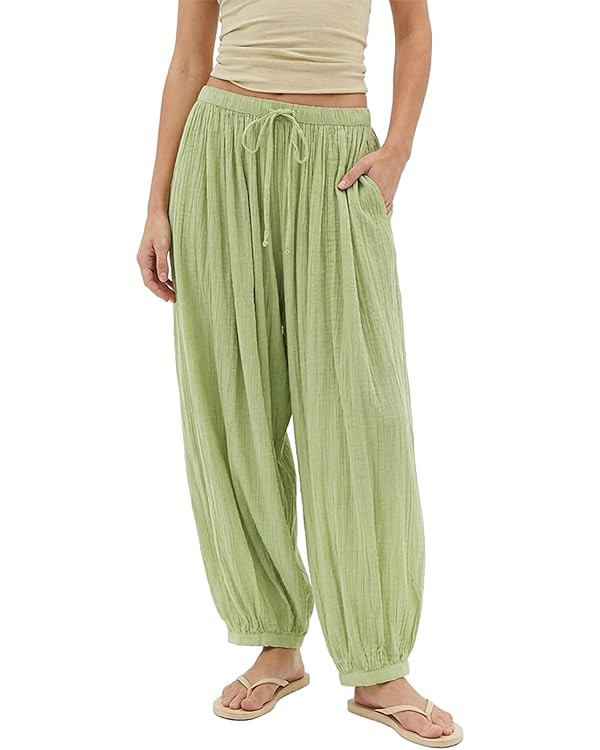Womens Balloon Pants Wide Leg Flowy Harem Pants Summer Loose Drawstring Pleated Lantern Trousers | Amazon (US)