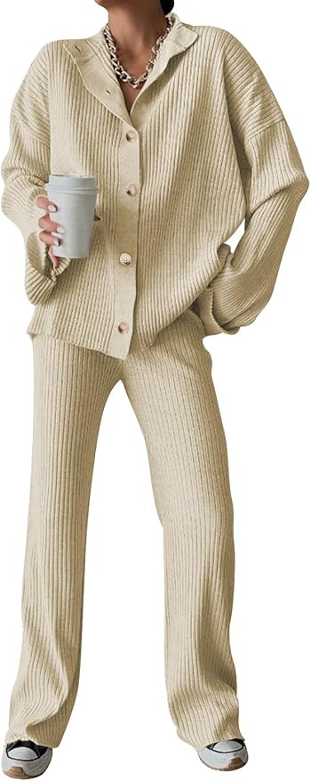 Cakulo Womens 2 Piece Outfits 2024 Lounge Sets Button Sweater Wide Leg Pants Loungewear Matching ... | Amazon (US)