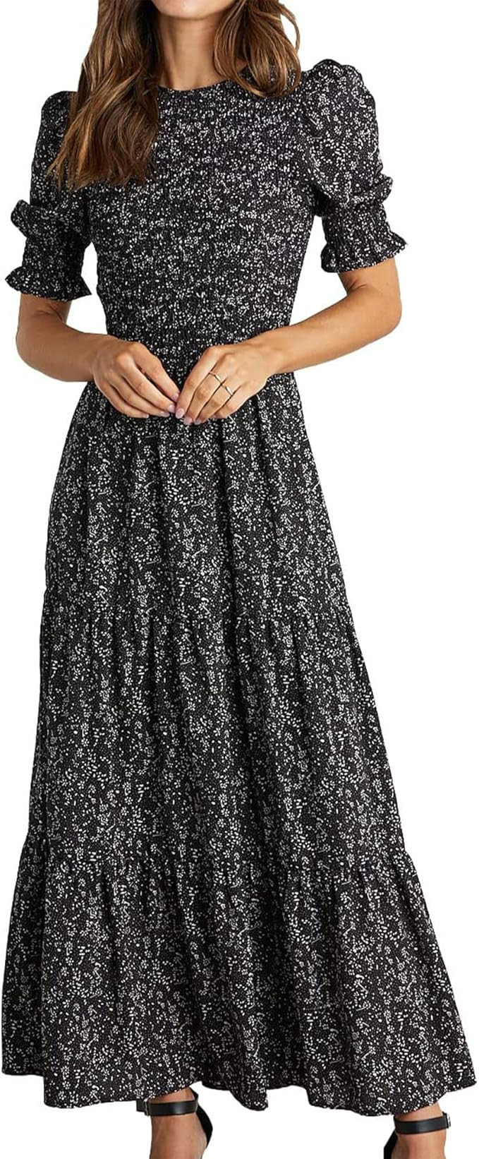 BTFBM Women Casual Summer Dresses 2024 Spring Crew Neck Ruffle Short Sleeve Floral Print Smocked ... | Amazon (US)