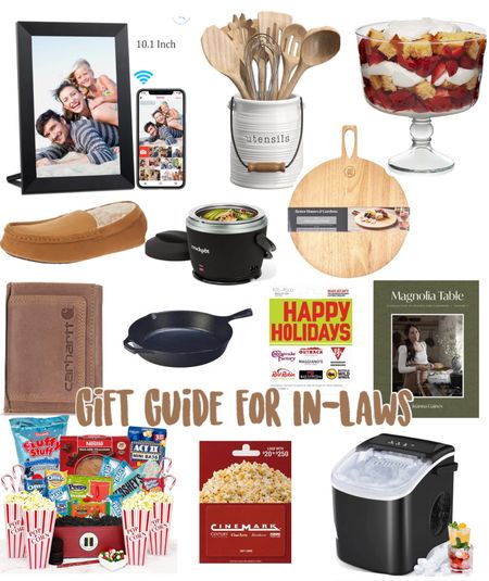 Gift guide for in laws! Mother in law, father in law, grandparent gift guide for Christmas!! Movie date night basket, gift cards, trifle dish, charcuterie board, digital picture frame, nugget ice maker, cast iron skillet, wallet, house shoes, cookbook!! 

#LTKHolidaySale #LTKGiftGuide #LTKCyberWeek