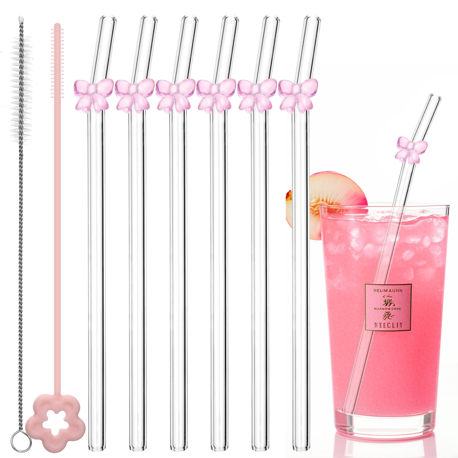 6 Pcs Reusable Glass Straws with 2 Cleaning Brushes, Cute Pink Bow Glass Straws Shatter Resistant... | Amazon (US)