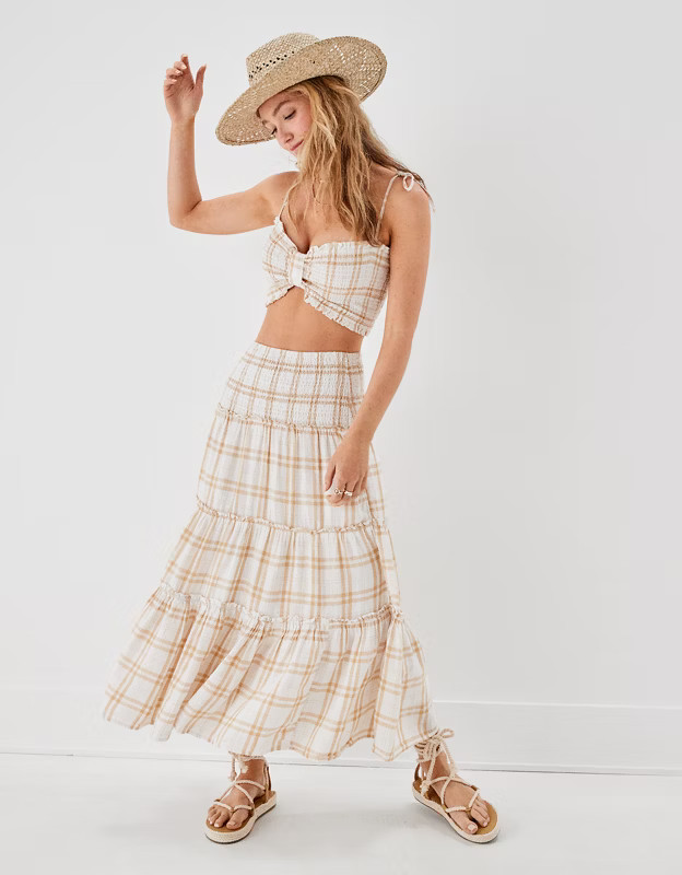 AE Plaid Smocked Waist Midi Skirt | American Eagle Outfitters (US & CA)