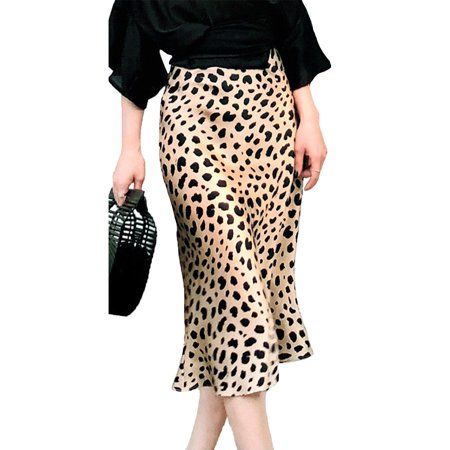 High Waist Leopard Print Skirt for Women Midi Length Elasticized Waistband Silk Satin Cheetah Bodyco | Walmart (US)