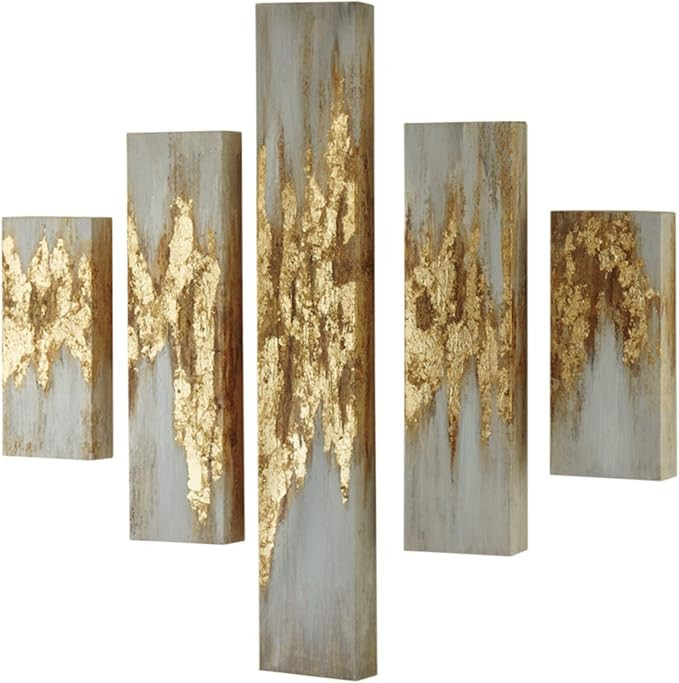 Signature Design by Ashley Devlan Modern 5 Piece Glam Gold Leaf Abstract Wall Art, White & Gold F... | Amazon (US)