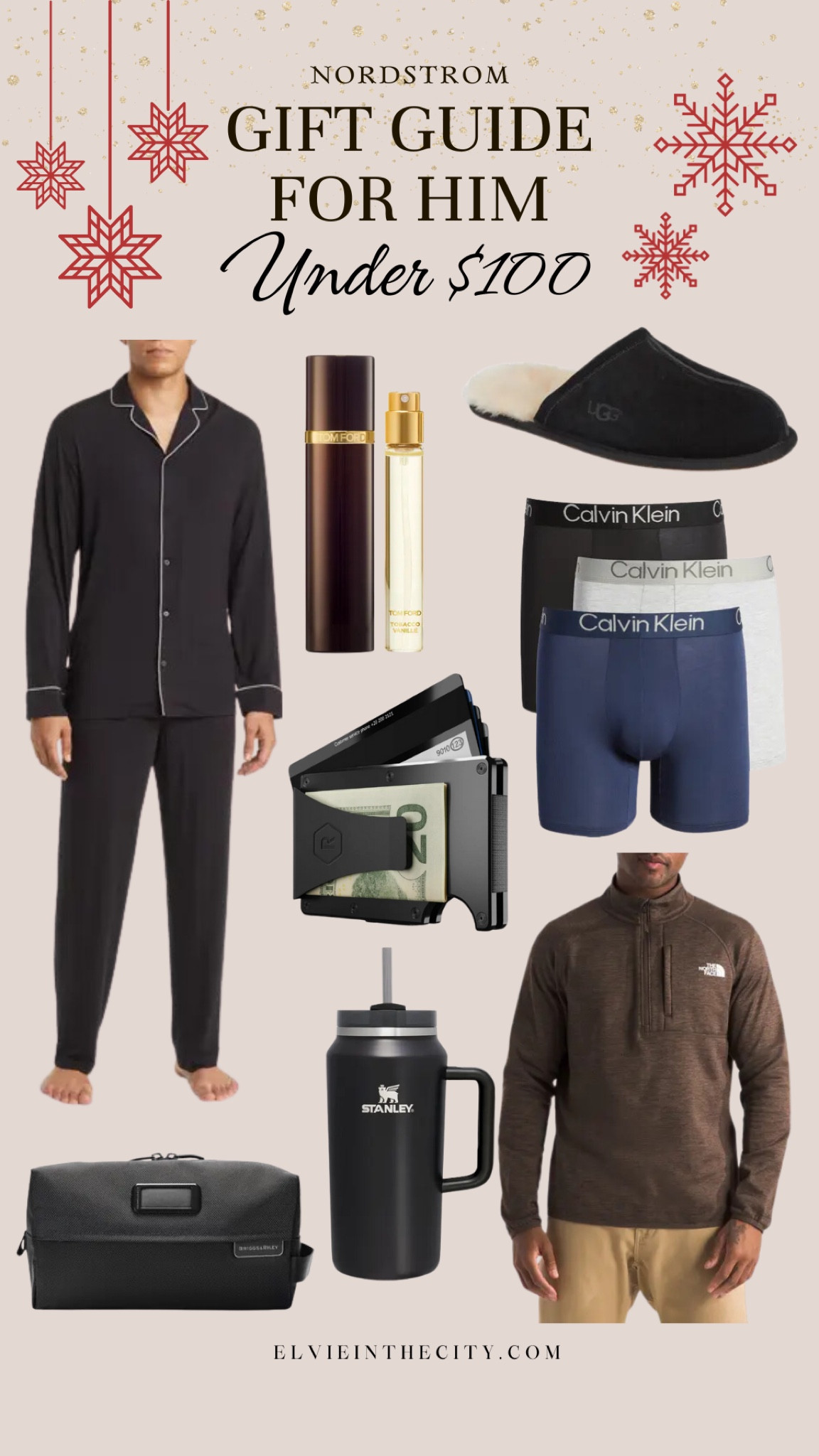 Gifts for him from Nordstrom under $100. Picks include a pajama set, Tom Ford cologne, Ugg slippers, Calvin Klein underwear, a Ridge wallet, a Dopp kit, Stanley insulated tumbler, and a North Face quarter zip pullover.

Gifts for him, gifts for dad, gift guide, gifts under 100, gifts for grandpa

#LTKGiftGuide #LTKFindsUnder100 #LTKMens