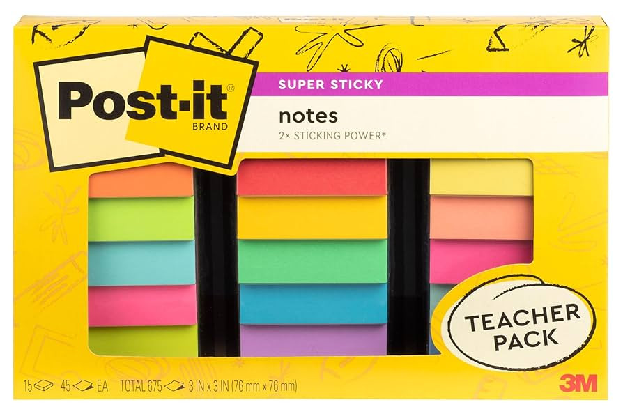 Post-it Super Sticky Notes Teacher Pack, Assorted Colors, 3 in. x 3 in., 15 Pads/Pack, 45 Sheets/... | Amazon (US)