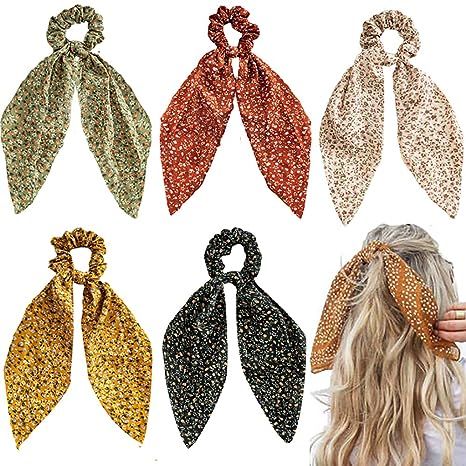 5 Pcs Floral Hair Scarf with Ribbon Bow for Woman Girls, Bow Scrunchies for Hair, Hair Scrunchies... | Amazon (US)