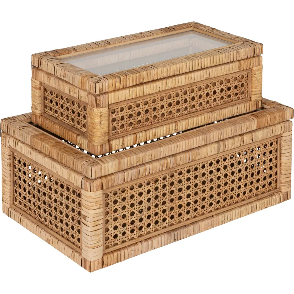 Storied Home Woven Rattan and Wood Display Boxes with Glass Lids, Natural and Clear, Set of 2 at Nordstrom | Nordstrom