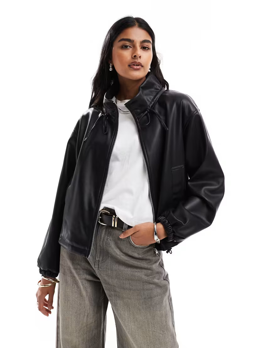 ASOS DESIGN leather look ruched funnel neck bomber jacket in black | ASOS (Global)