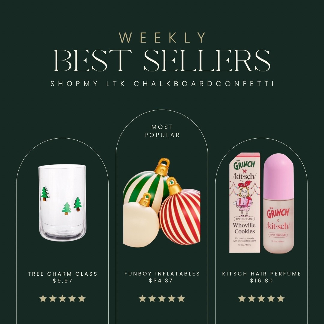Last week’s best sellers are in! 🎉
From the cutest tree charm glass to the Funboy inflatables everyone is grabbing and the tween-approved Grinch x Kitsch hair perfume — you all picked some GOOD ones! Everything is linked in my LTK. ✨

#LTKFindsUnder50 #LTKHoliday #LTKGiftGuide