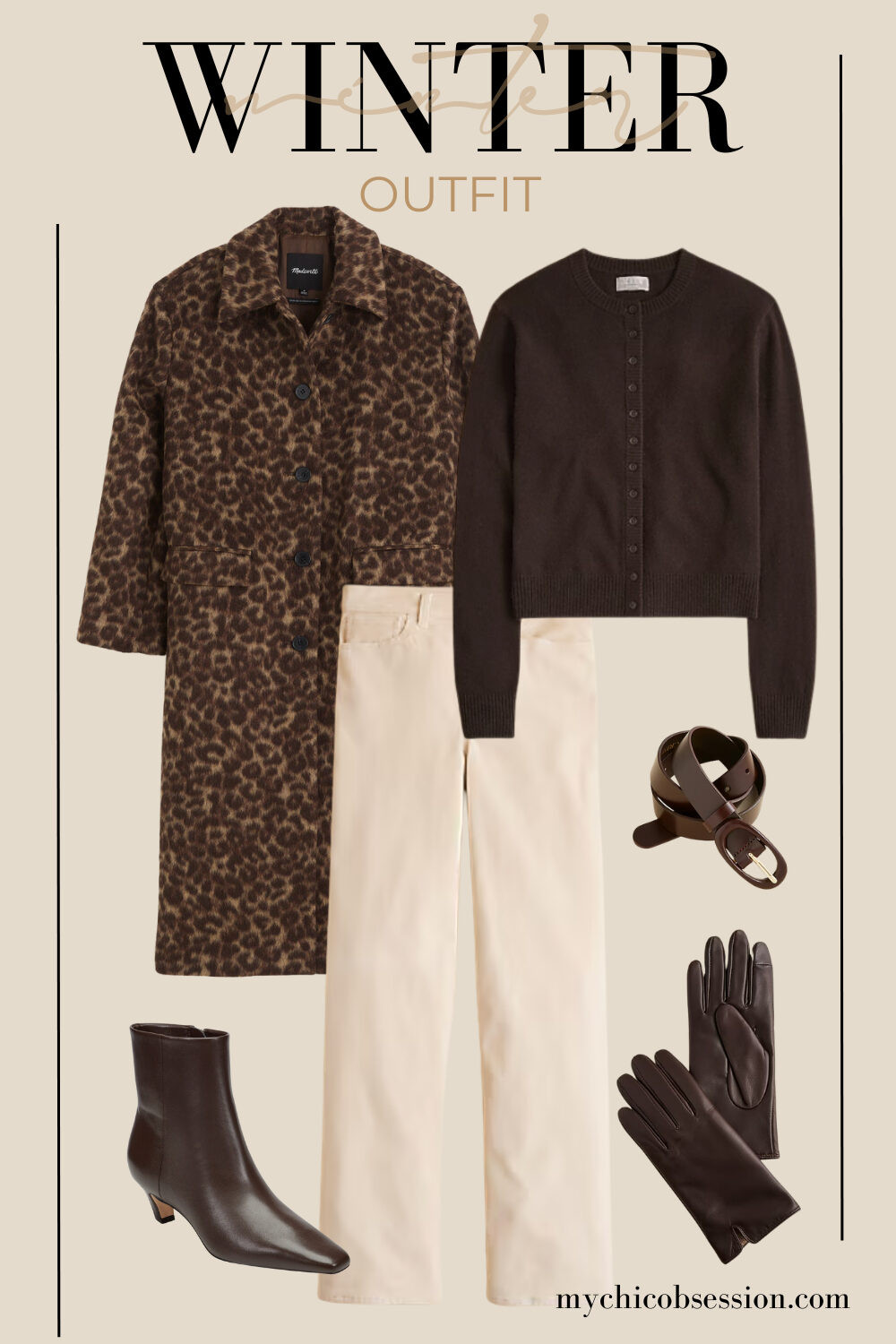 Lean into leopard print for a chic winter outfit idea. Style a long leopard print coat with a classic cardigan, light jeans, a belt, leather gloves and ankle boots. 

 #LTKSeasonal