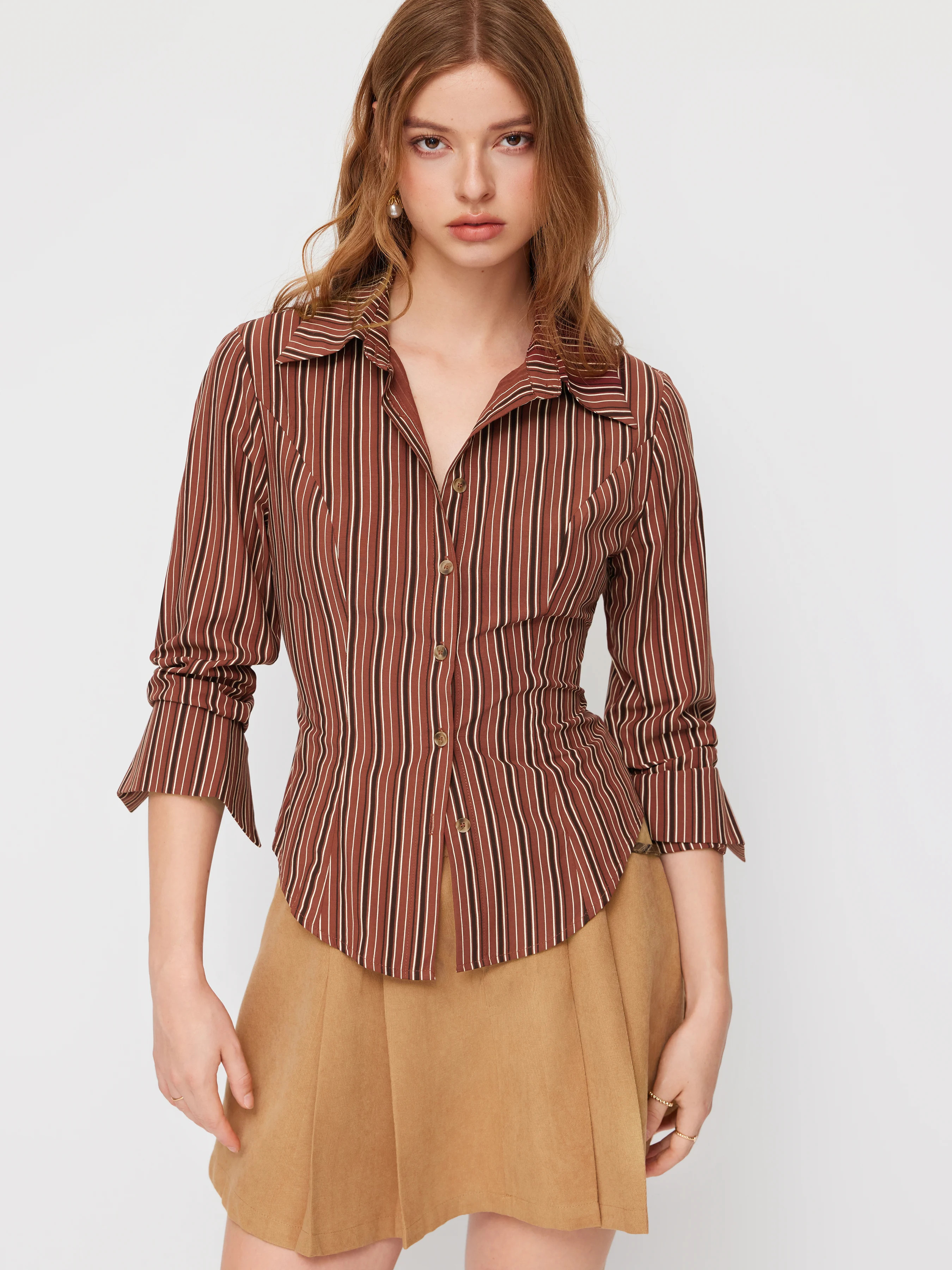 Woven Collar Stripe Curved Hem Roll up Long Sleeve Blouse For Daily Casual | Cider