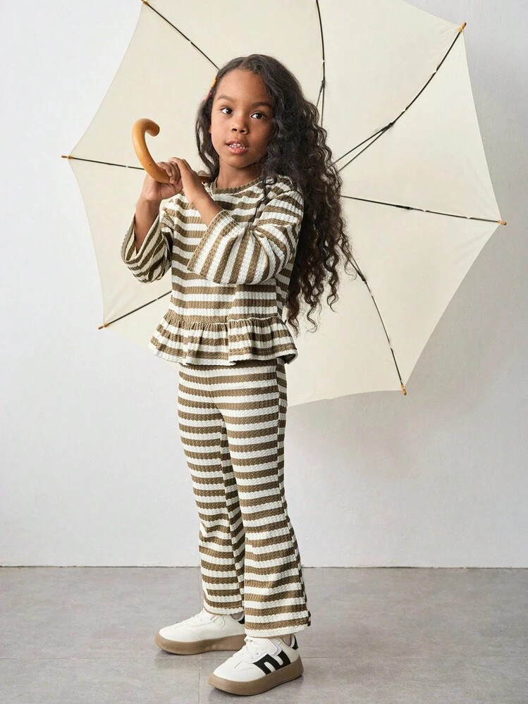 Maija Kids Maija Kids 2pcs Young Girl Striped Round Neck Long Sleeve T-Shirt And Pants Set Girls Lounge Set Kids Two Piece Sets Little Girl Co Ord Set Fall Winter | SHEIN