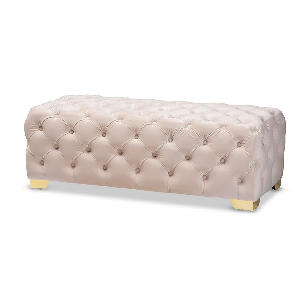 Avara Glam and Luxe Light Beige Velvet Fabric Upholstered Gold Finished Button Tufted Bench Ottom... | Walmart (US)