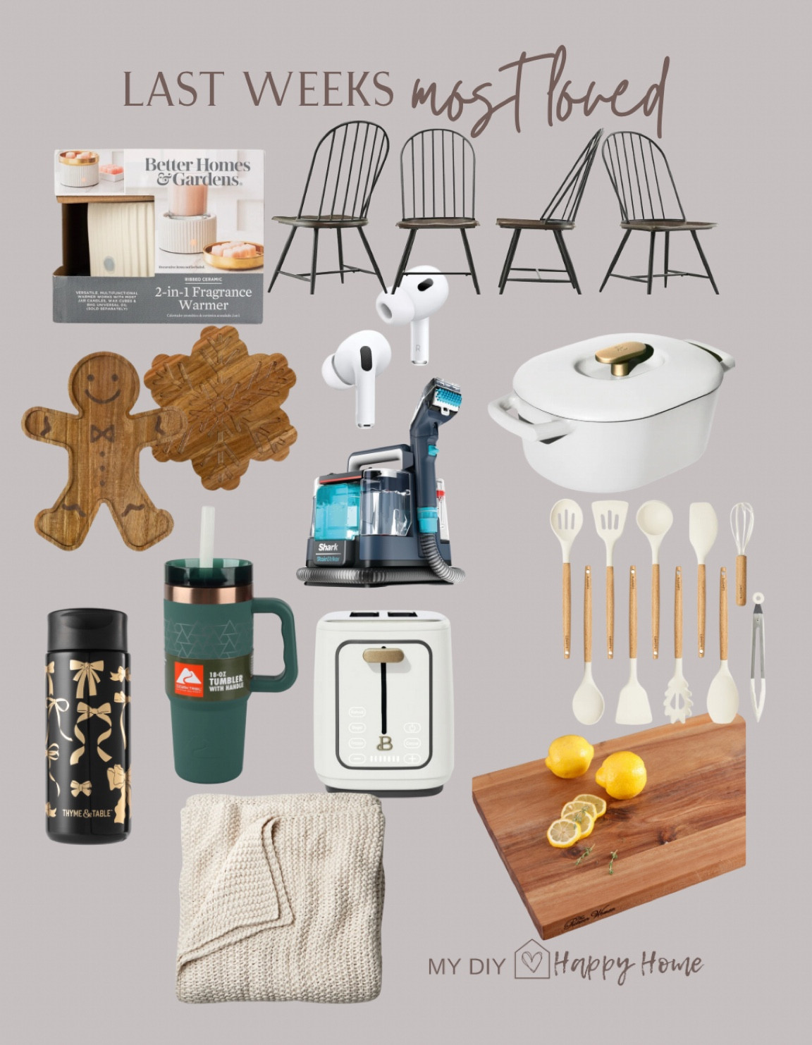 Last weeks most loved and best sellers:

2 in 1 fragrance Warmer
Set of 4 dining chairs 
Wood board (snowflake & gingerbread)
Air pods
Dutch oven 
Toaster 
Tumblers
Chunky knit throw 
Silicone utensils 
Wood cutting board 

#LTKGiftGuide #LTKHome #LTKFindsUnder100