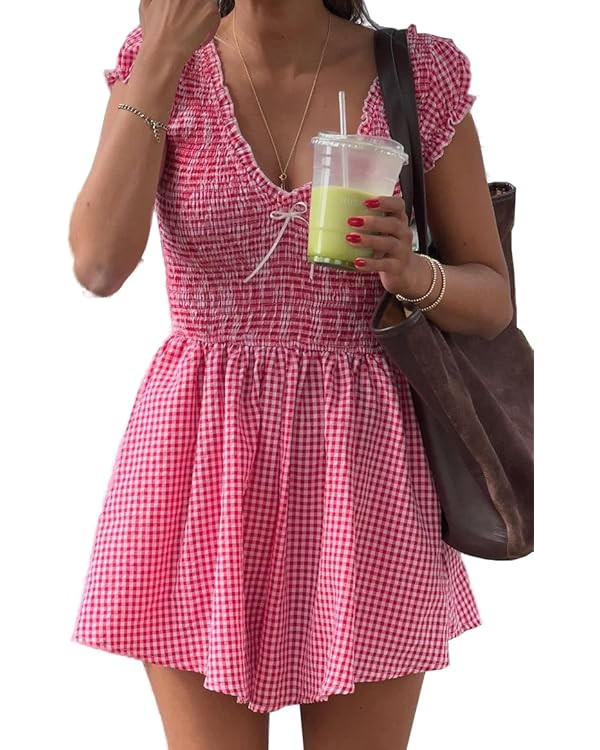 Womens Summer Gingham Rompers V Neck Puff Sleeve Smocked Wide Leg Plaid Shorts Dressy Jumpsuits | Amazon (US)