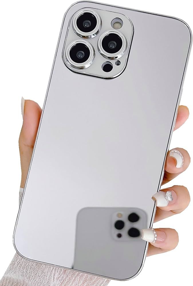 iPhone 15 Pro Mirror Case, Glossy Hard Mirror Silver Plating Cute Women Girls Makeup Mirror Case ... | Amazon (US)