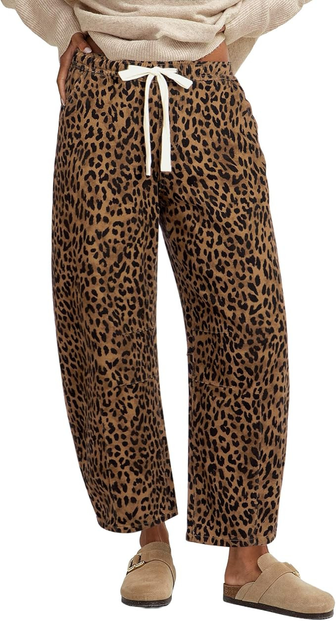GRAPENT Barrel Jeans for Women Trendy High Waisted Pull On Wide Leg Cropped Leopard Cheetah Print... | Amazon (US)