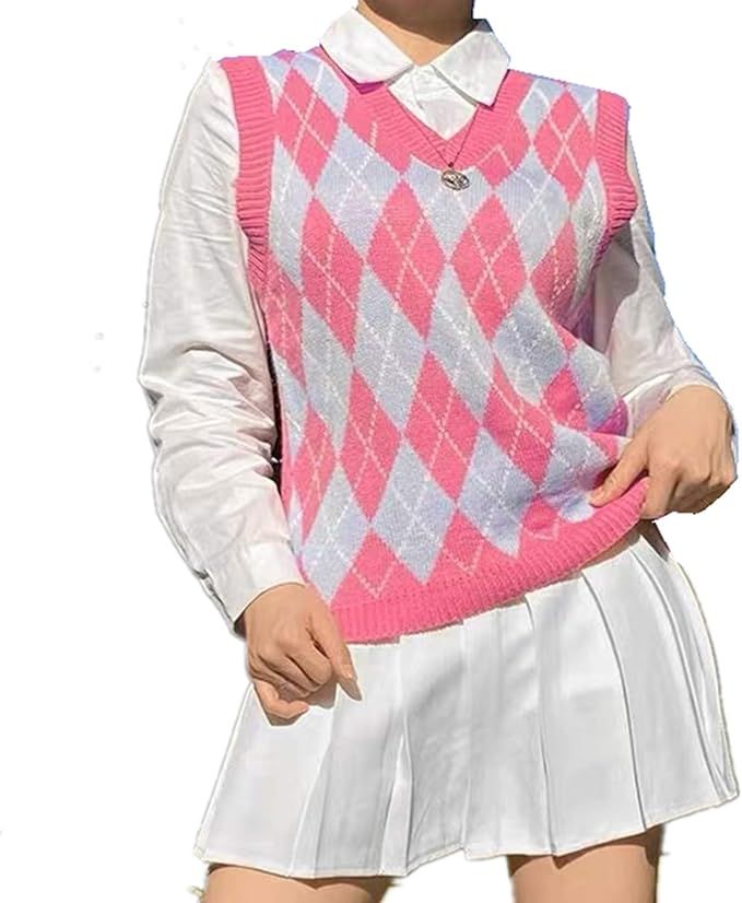 Argyle Sweater Vest Women y2k Plaid Knitted Streetwear Preppy Style V Neck Crop Knitwear School T... | Amazon (US)