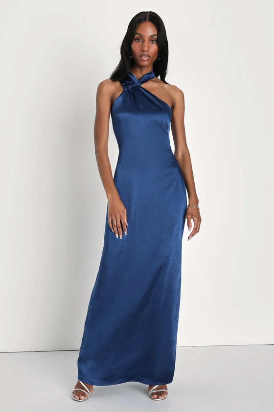 Beyond Stunning Navy Blue Satin Asymmetrical Halter Maxi Dress | Lulus (US)