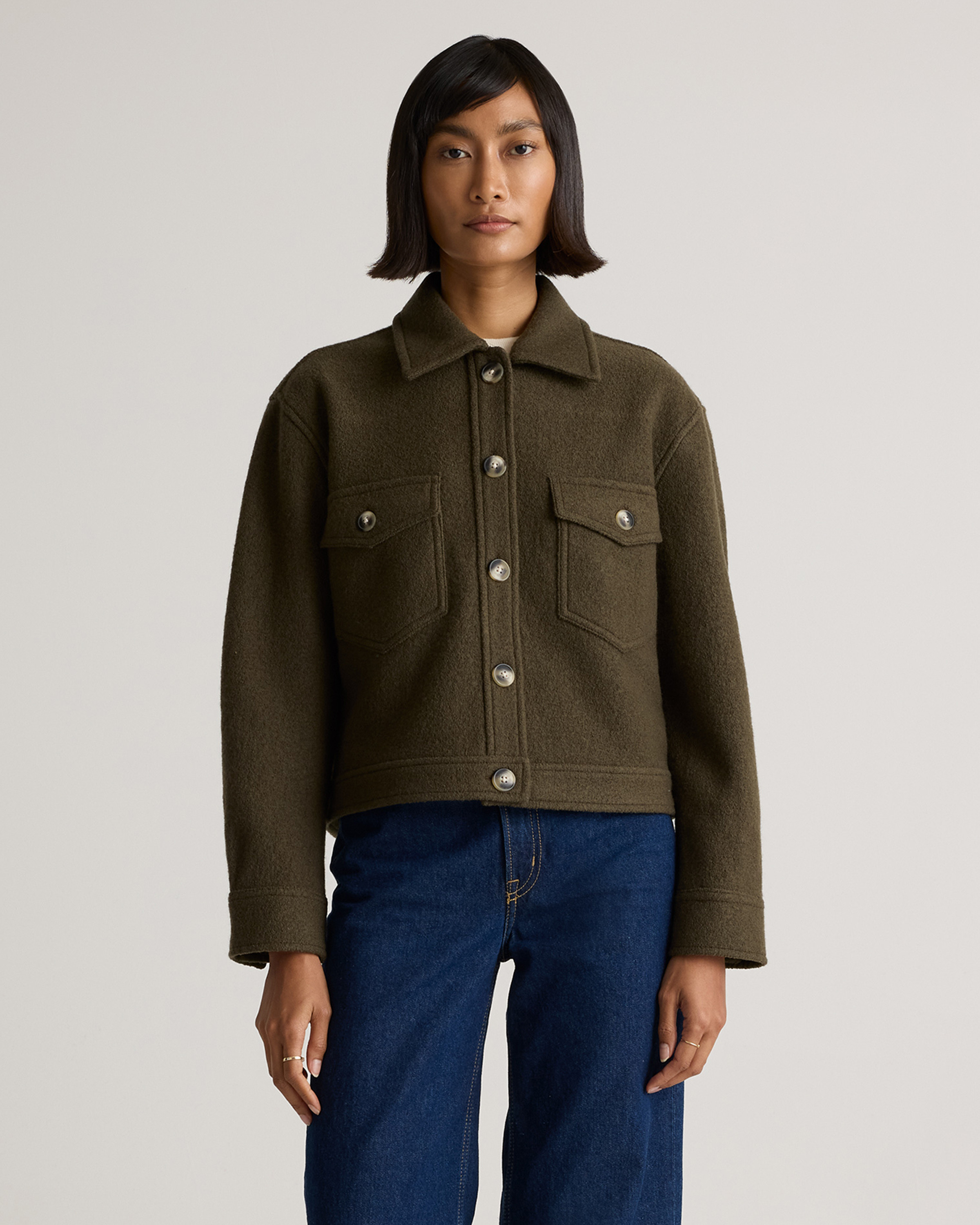 Quince | Women's 100% Merino Wool Cropped Shirt Jacket in Heather Bone, Size Large | Quince