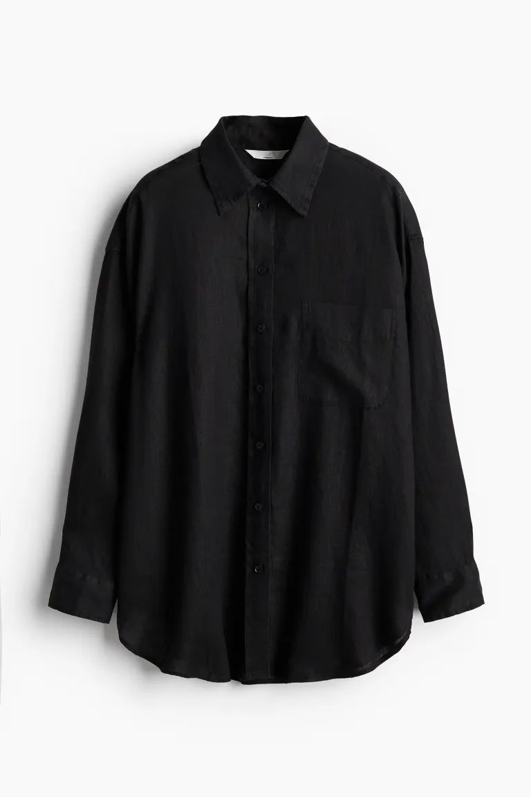 Oversized linen shirt - Long sleeve - Regular length - Black - Ladies | H&M GB | H&M (UK, MY, IN, SG, PH, TW, HK)