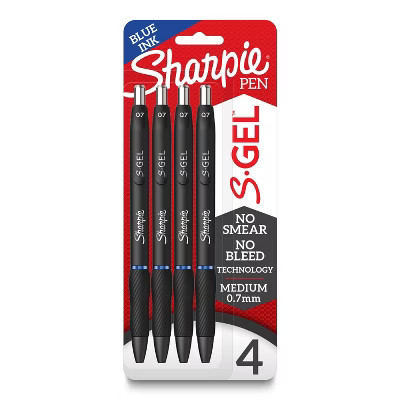 Sharpie 4pk S-Gel Pens 0.7mm Medium Tip Blue: Retractable, Contoured Rubber Grip, Pocket Clip, Stationery & Office Supplies | Target